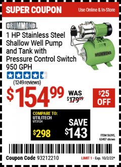 Harbor Freight Coupon 1 HP STAINLESS STEEL SHALLOW WELL PUMP AND TANK Lot No. 56395/63407 Expired: 10/2/22 - $154.99