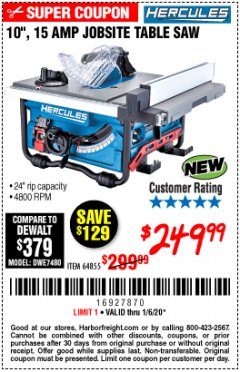 Harbor Freight Coupon HERCULES 10" 15 AMP JOBSITE TABLE SAW Lot No. 64855 Expired: 1/6/20 - $249.99