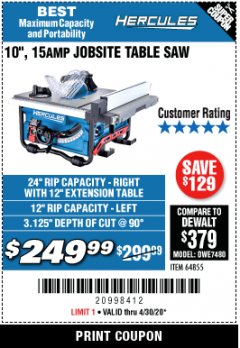Harbor Freight Coupon HERCULES 10" 15 AMP JOBSITE TABLE SAW Lot No. 64855 Expired: 6/30/20 - $249.99