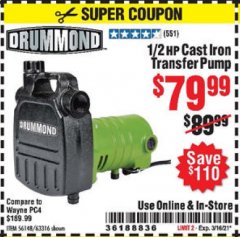 Harbor Freight Coupon DRUMMOND 1/2 HP CAST IRON TRANSFER UTILITY PUMP Lot No. 56148/63316 Expired: 3/16/21 - $79.99