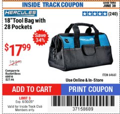 Harbor Freight ITC Coupon HERCULES 18" TOOL BAG WITH 28 POCKETS Lot No. 64661 Expired: 6/30/20 - $17.99