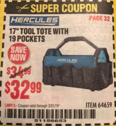 Harbor Freight Coupon HERCULES 17" TOOL TOTE WITH 19 POCKETS Lot No. 64659 Expired: 3/31/19 - $32.99