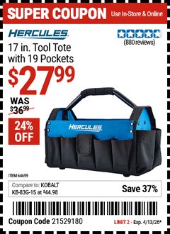 Harbor Freight Coupon HERCULES 17 IN. TOOL TOTE WITH 19 POCKETS Lot No. 64659 Valid Thru: 4/13/26 - $27.99