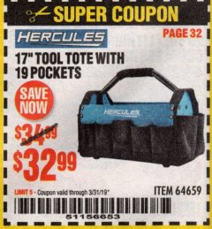 Harbor Freight Coupon HERCULES 17" TOOL TOTE WITH 19 POCKETS Lot No. 64659 Expired: 3/31/19 - $32.99