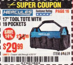 Harbor Freight Coupon HERCULES 17" TOOL TOTE WITH 19 POCKETS Lot No. 64659 Expired: 4/30/19 - $29.99