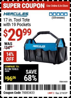 Harbor Freight Coupon HERCULES 17" TOOL TOTE WITH 19 POCKETS Lot No. 64659 Expired: 2/19/23 - $29.99