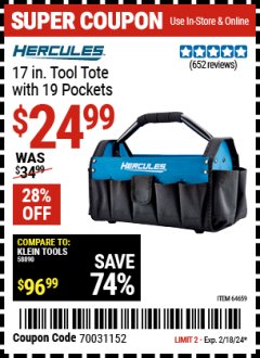 Harbor Freight Coupon HERCULES 17" TOOL TOTE WITH 19 POCKETS Lot No. 64659 Expired: 2/18/24 - $24.99