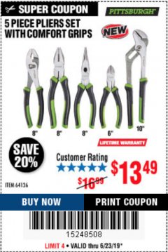 Harbor Freight Coupon 5 PIECE PLIERS SET WITH COMFORT GRIPS Lot No. 64136 Expired: 6/23/19 - $13.49