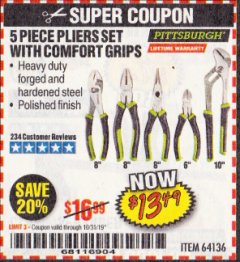 Harbor Freight Coupon 5 PIECE PLIERS SET WITH COMFORT GRIPS Lot No. 64136 Expired: 10/31/19 - $13.49