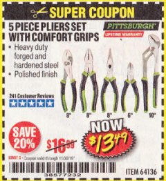 Harbor Freight Coupon 5 PIECE PLIERS SET WITH COMFORT GRIPS Lot No. 64136 Expired: 11/30/19 - $13.49