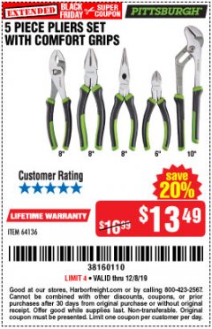 Harbor Freight Coupon 5 PIECE PLIERS SET WITH COMFORT GRIPS Lot No. 64136 Expired: 12/8/19 - $13.49