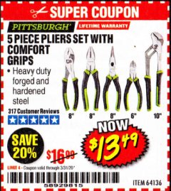 Harbor Freight Coupon 5 PIECE PLIERS SET WITH COMFORT GRIPS Lot No. 64136 Expired: 3/31/20 - $13.49