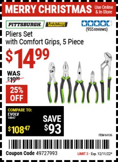 Harbor Freight Coupon 5 PIECE PLIERS SET WITH COMFORT GRIPS Lot No. 64136 Expired: 12/11/22 - $14.99
