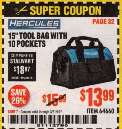 Harbor Freight Coupon HERCULES 15" TOOL BAG WITH 10 POCKETS Lot No. 64660 Expired: 3/31/19 - $13.99