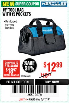 Harbor Freight Coupon HERCULES 15" TOOL BAG WITH 10 POCKETS Lot No. 64660 Expired: 3/17/19 - $12.99