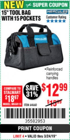 Harbor Freight Coupon HERCULES 15" TOOL BAG WITH 10 POCKETS Lot No. 64660 Expired: 3/24/19 - $12.99