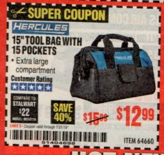 Harbor Freight Coupon HERCULES 15" TOOL BAG WITH 10 POCKETS Lot No. 64660 Expired: 7/31/19 - $12.99