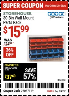 Harbor Freight Coupon 30 BIN WALL MOUNT PARTS RACK Lot No. 62198/69571/65889/63151/63306 Expired: 9/4/23 - $15.99
