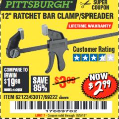 Harbor Freight Coupon 12" RATCHET BAR CLAMP/SPREADER Lot No. 46807/68975/69221/69222/62123/63017 Expired: 10/5/18 - $2.99