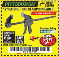 Harbor Freight Coupon 12" RATCHET BAR CLAMP/SPREADER Lot No. 46807/68975/69221/69222/62123/63017 Expired: 11/3/18 - $2.99
