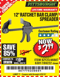 Harbor Freight Coupon 12" RATCHET BAR CLAMP/SPREADER Lot No. 46807/68975/69221/69222/62123/63017 Expired: 4/20/19 - $2.99