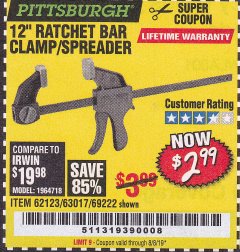 Harbor Freight Coupon 12" RATCHET BAR CLAMP/SPREADER Lot No. 46807/68975/69221/69222/62123/63017 Expired: 8/8/19 - $2.99