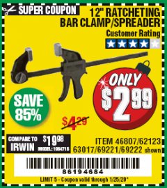 Harbor Freight Coupon 12" RATCHET BAR CLAMP/SPREADER Lot No. 46807/68975/69221/69222/62123/63017 Expired: 1/25/20 - $2.99