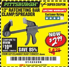 Harbor Freight Coupon 12" RATCHET BAR CLAMP/SPREADER Lot No. 46807/68975/69221/69222/62123/63017 Expired: 6/30/20 - $2.99