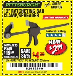 Harbor Freight Coupon 12" RATCHET BAR CLAMP/SPREADER Lot No. 46807/68975/69221/69222/62123/63017 Expired: 6/21/20 - $2.99
