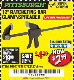 Harbor Freight Coupon 12" RATCHET BAR CLAMP/SPREADER Lot No. 46807/68975/69221/69222/62123/63017 Expired: 7/2/20 - $2.99