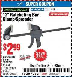 Harbor Freight Coupon 12" RATCHET BAR CLAMP/SPREADER Lot No. 46807/68975/69221/69222/62123/63017 Expired: 8/16/20 - $2.99