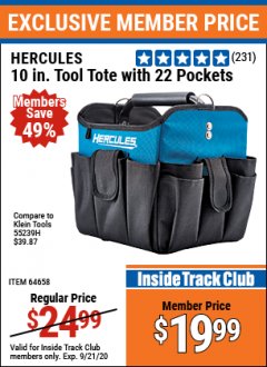 Harbor Freight ITC Coupon HERCULES 10" TOOL TOTE WITH 22 POCKETS Lot No. 64658 Expired: 9/21/20 - $19.99