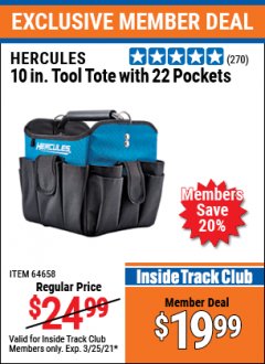 Harbor Freight ITC Coupon HERCULES 10" TOOL TOTE WITH 22 POCKETS Lot No. 64658 Expired: 3/25/21 - $19.99