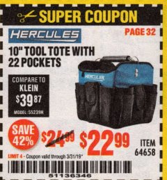 Harbor Freight Coupon HERCULES 10" TOOL TOTE WITH 22 POCKETS Lot No. 64658 Expired: 3/31/19 - $22.99