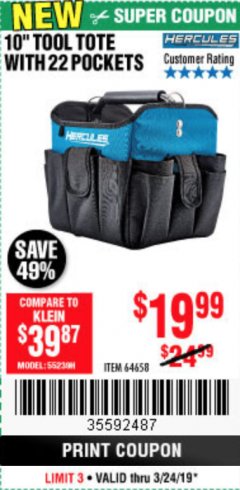 Harbor Freight Coupon HERCULES 10" TOOL TOTE WITH 22 POCKETS Lot No. 64658 Expired: 3/24/19 - $19.99