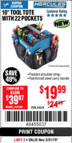 Harbor Freight Coupon HERCULES 10" TOOL TOTE WITH 22 POCKETS Lot No. 64658 Expired: 3/31/19 - $19.99