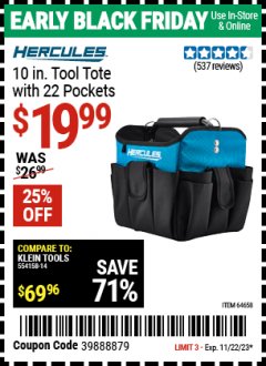 Harbor Freight Coupon HERCULES 10" TOOL TOTE WITH 22 POCKETS Lot No. 64658 Expired: 11/22/23 - $19.99