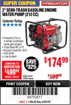 Harbor Freight Coupon 2" SEMI-TRASH GASOLINE ENGINE WATER PUMP 212CC Lot No. 56160 Expired: 4/28/19 - $174.99