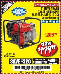 Harbor Freight Coupon 2" SEMI-TRASH GASOLINE ENGINE WATER PUMP 212CC Lot No. 56160 Expired: 11/9/19 - $179.99