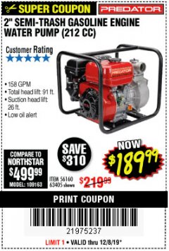 Harbor Freight Coupon 2" SEMI-TRASH GASOLINE ENGINE WATER PUMP 212CC Lot No. 56160 Expired: 12/8/19 - $189.99