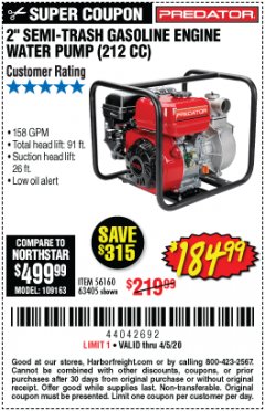 Harbor Freight Coupon 2" SEMI-TRASH GASOLINE ENGINE WATER PUMP 212CC Lot No. 56160 Expired: 6/30/20 - $184.99