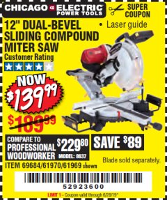 Harbor Freight Coupon CHICAGO ELECTRIC 12" DUAL-BEVEL SLIDING COMPOUND MITER SAW Lot No. 61970/56597/61969 Expired: 6/28/19 - $139.99