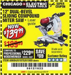 Harbor Freight Coupon CHICAGO ELECTRIC 12" DUAL-BEVEL SLIDING COMPOUND MITER SAW Lot No. 61970/56597/61969 Expired: 8/5/19 - $139.99