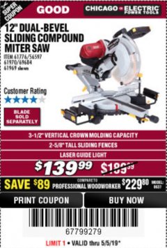Harbor Freight Coupon CHICAGO ELECTRIC 12" DUAL-BEVEL SLIDING COMPOUND MITER SAW Lot No. 61970/56597/61969 Expired: 5/5/19 - $139.99
