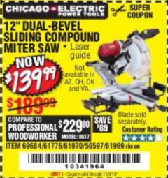 Harbor Freight Coupon CHICAGO ELECTRIC 12" DUAL-BEVEL SLIDING COMPOUND MITER SAW Lot No. 61970/56597/61969 Expired: 11/5/19 - $139.99