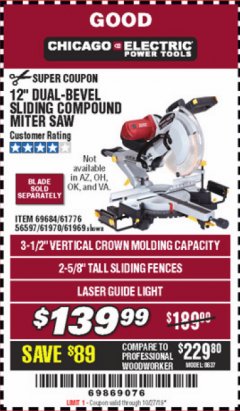 Harbor Freight Coupon CHICAGO ELECTRIC 12" DUAL-BEVEL SLIDING COMPOUND MITER SAW Lot No. 61970/56597/61969 Expired: 10/27/19 - $139.99