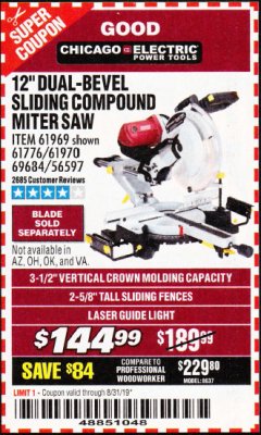 Harbor Freight Coupon CHICAGO ELECTRIC 12" DUAL-BEVEL SLIDING COMPOUND MITER SAW Lot No. 61970/56597/61969 Expired: 8/31/19 - $144.99