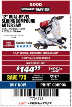 Harbor Freight Coupon CHICAGO ELECTRIC 12" DUAL-BEVEL SLIDING COMPOUND MITER SAW Lot No. 61970/56597/61969 Expired: 9/29/19 - $144.99