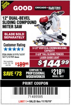 Harbor Freight Coupon CHICAGO ELECTRIC 12" DUAL-BEVEL SLIDING COMPOUND MITER SAW Lot No. 61970/56597/61969 Expired: 11/10/19 - $144.99
