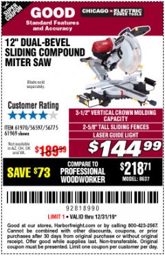 Harbor Freight Coupon CHICAGO ELECTRIC 12" DUAL-BEVEL SLIDING COMPOUND MITER SAW Lot No. 61970/56597/61969 Expired: 12/31/19 - $144.99